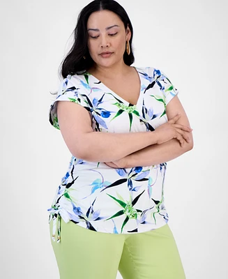 I.n.c. International Concepts Plus V-Neck Printed Side-Ruched Top, Exclusively at Macy's