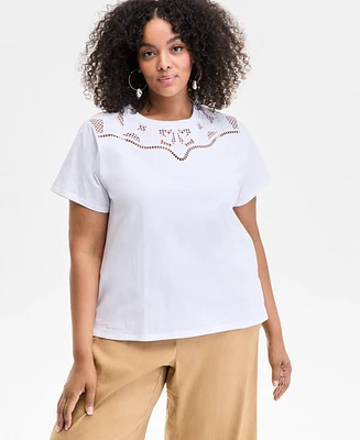 I.n.c. International Concepts Plus Cotton Lattice-Inset Top, Exclusively at Macy's