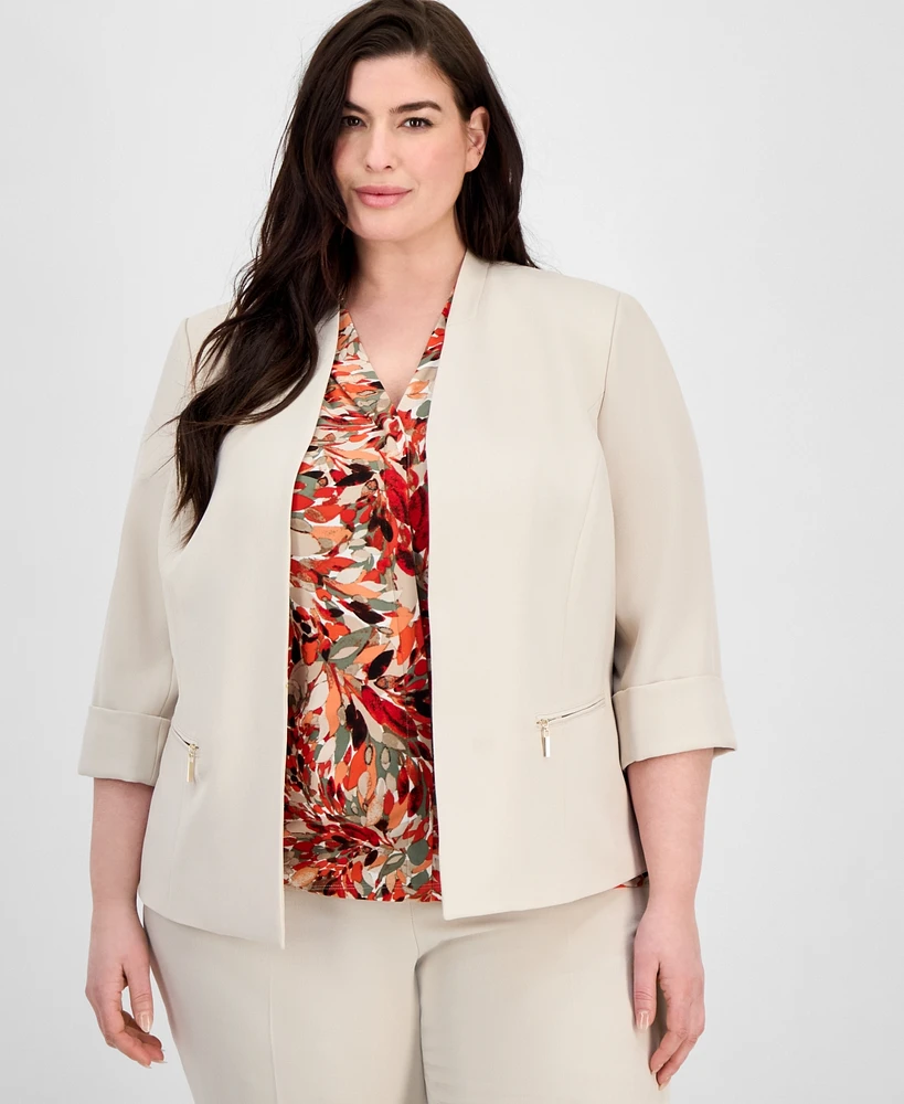 Kasper Plus Zip-Pocket Cuffed 3/4-Sleeve Blazer