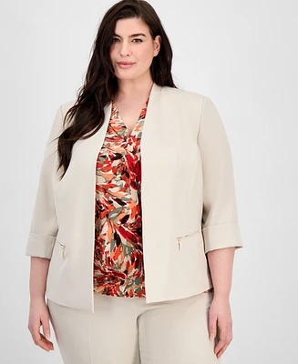 Kasper Plus Zip-Pocket Cuffed 3/4-Sleeve Blazer
