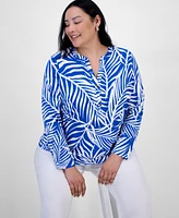 I.n.c. International Concepts Plus Printed Long-Sleeve Top, Exclusively at Macy's