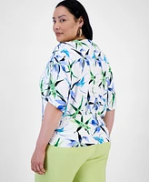 I.n.c. International Concepts Plus Printed Ruched Short-Sleeve Top, Exclusively at Macy's