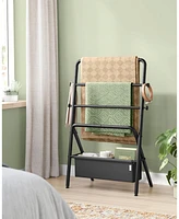 Freestanding Towel Rack Foldable Blanket Holder with and 4 Hooks for Home Organization