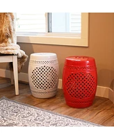 Marrakesh Ceramic Garden Stool Side Table with Lattice Design - Indoor or Outdoor 17.75-Inch Red Glazed Finish