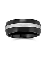 Bling Jewelry Simple Black Grey Inset Stripe Couples Titanium Band Ring Comfort Fit 8MM