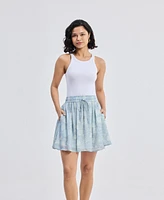 Reistor Women's Drawstring Short Skirt Blue Florals
