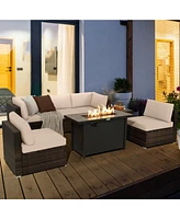 Gymax 7PCS Patio Rattan Furniture Set Fire Pit Table Cover Cushion