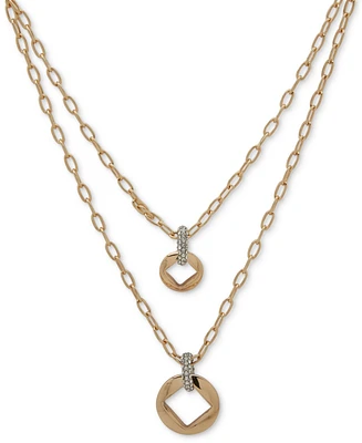 Karl Lagerfeld Paris Two-Tone Pave Square Cut-Out Layered Pendant Necklace, 16" + 3" extender