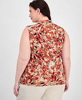 Kasper Plus Printed Pleat-Neck Top