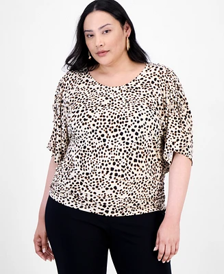 I.n.c. International Concepts Plus Printed Ruched-Shoulder Top, Exclusively at Macy's