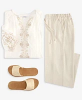 Liverpool Los Angeles Womens Embroidered Cotton Top Pull On Wide Leg Cropped Pants