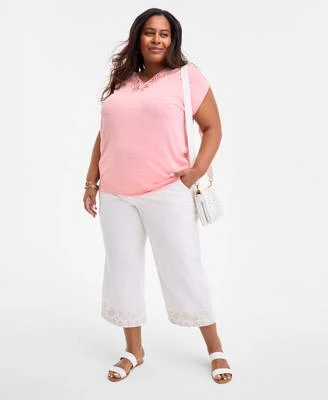 Style Co Plus Size Lace Trim V Neck Short Sleeve T Shirt High Rise Wide Leg Crop Jeans Exclusively At Macys