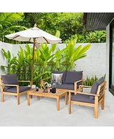 8PCS Patio Furniture Set Acacia Wood Thick Cushion Loveseat Sofa