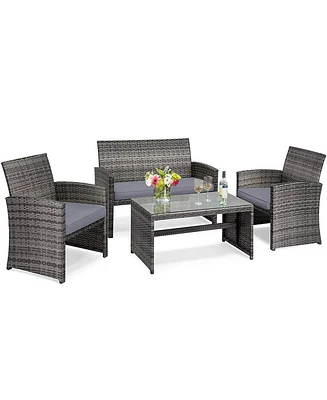4PCS Patio Rattan Furniture Set Conversation Glass Table Top