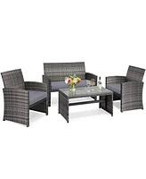 4PCS Patio Rattan Furniture Set Conversation Glass Table Top