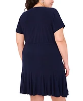 Msk Plus Round-Neck Short-Sleeve Godet-Pleat Dress