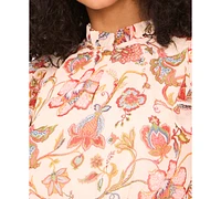 Msk Petite Floral-Print Flutter-Sleeve Smocked-Waist Dress