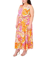 Msk Plus Split-Neck Sleeveless Tiered Challis Maxi Dress