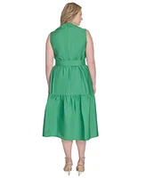 Vince Camuto Plus Cotton Belted Tiered Sleeveless Midi Dress