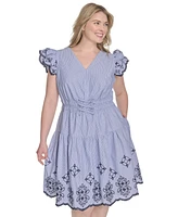 Vince Camuto Plus Flutter-Sleeve Embroidered Cotton Dress