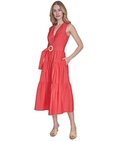 Vince Camuto Petite Cotton Belted Sleeveless Tiered Midi Dress
