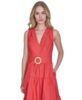 Vince Camuto Petite Cotton Belted Sleeveless Tiered Midi Dress