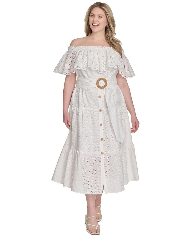 Eliza J Plus Eyelet Off-The-Shoulder Belted Midi Dress