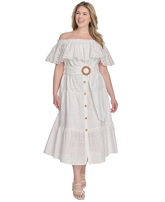 Eliza J Plus Eyelet Off-The-Shoulder Belted Midi Dress
