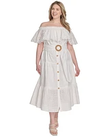 Eliza J Plus Eyelet Off-The-Shoulder Belted Midi Dress
