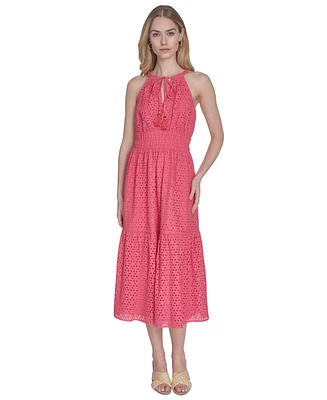 Vince Camuto Petite Cotton Tie-Neck Sleeveless Tiered Dress