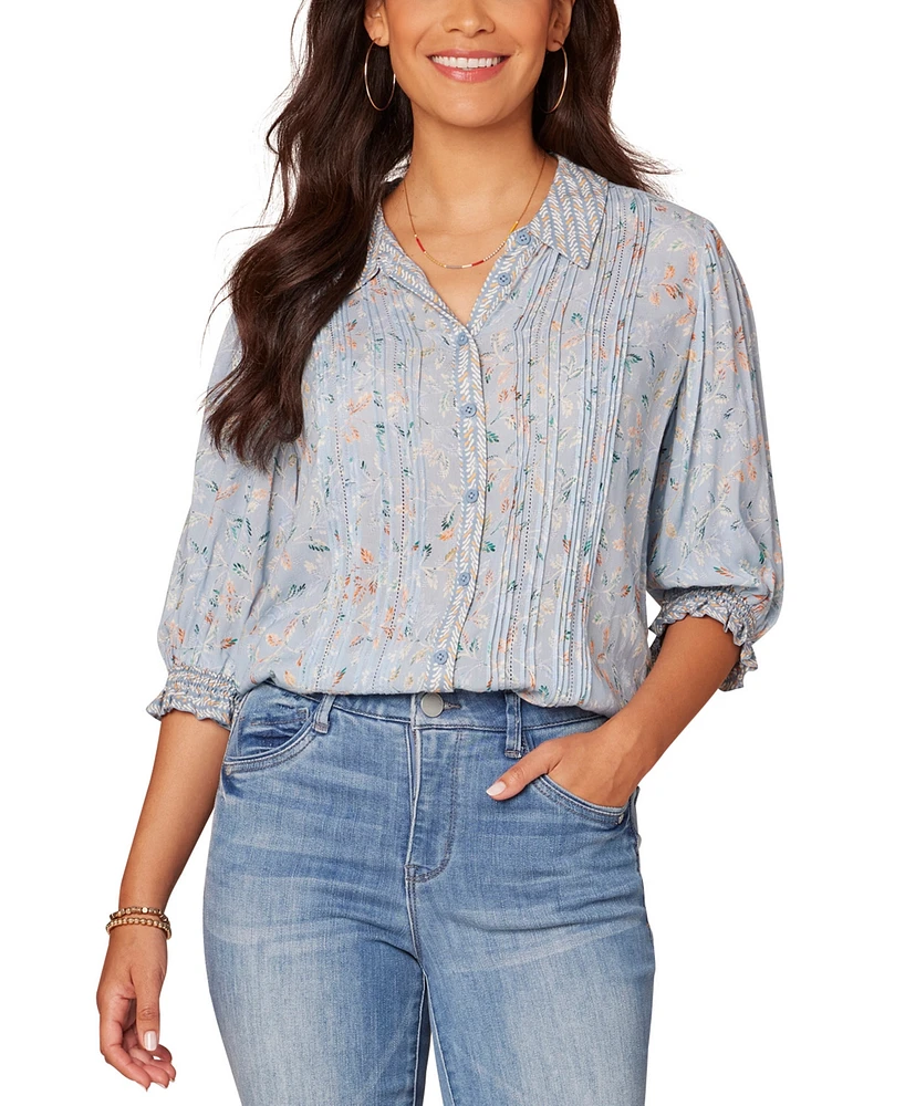 Democracy Women's Button-Front Elbow-Sleeve Pintuck Blouse