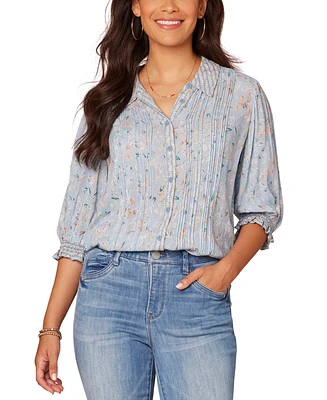 Democracy Women's Button-Front Elbow-Sleeve Pintuck Blouse