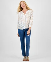 Style & Co Women's Printed 3/4 Sleeve Eyelet Top, Exclusively at Macy's
