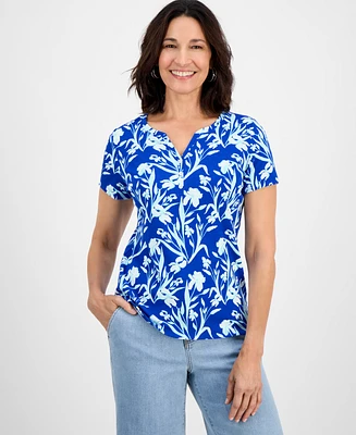 Style & Co Women's Floral-Print Short-Sleeve Cotton Henley Top, Exclusively at Macy's