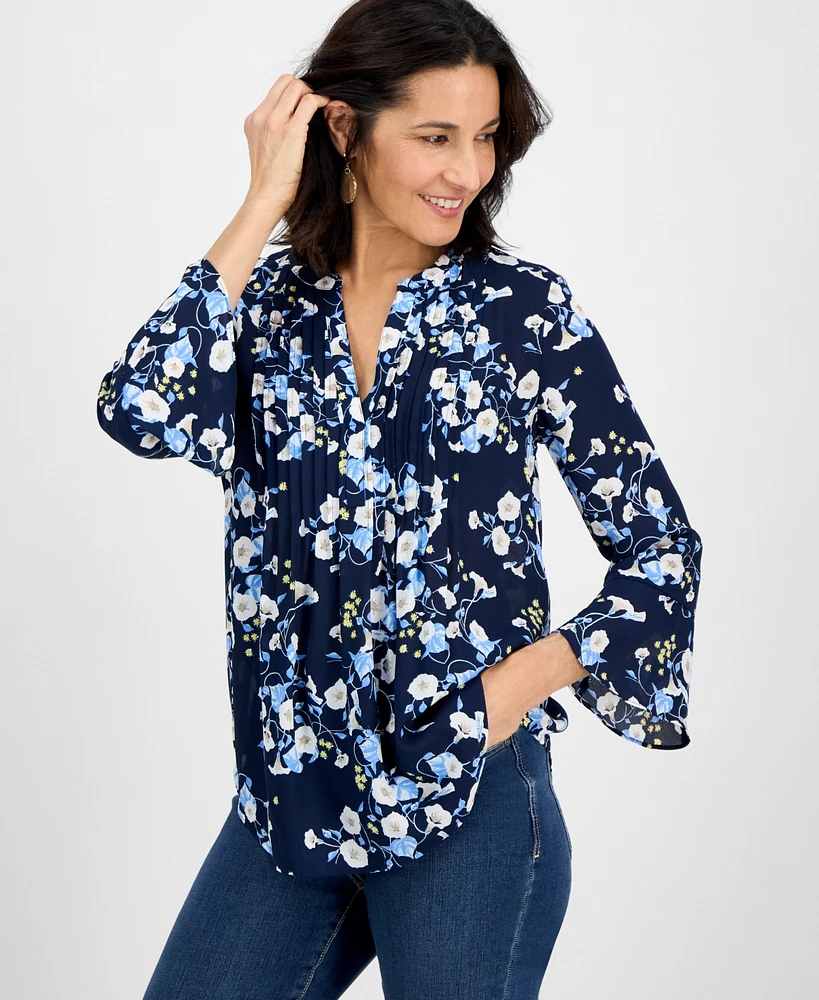 Style & Co Women's Printed Pintuck Ruffle Sleeve Top