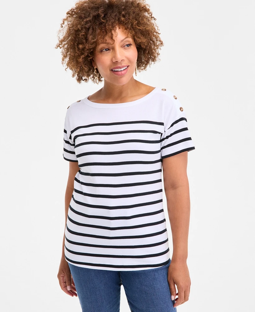 Style & Co Women's Cotton Striped Button-Shoulder Top, Exclusively at Macy's