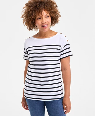 Style & Co Women's Cotton Striped Button-Shoulder Top, Exclusively at Macy's