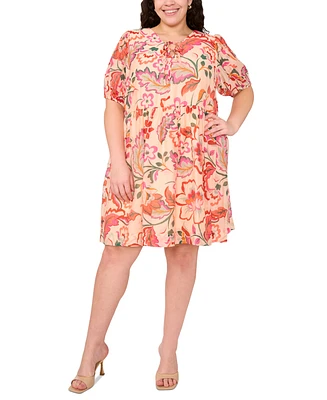 Msk Plus Printed Tie-Neck Short-Sleeve Dress