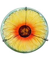 Glass Bird Bath Bowl - 10.5” Diameter Includes Deck Clamp and Staked Stand Blooming Sunflower