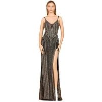 Lara Women's Spaghetti Strap Beaded Gown with Slit