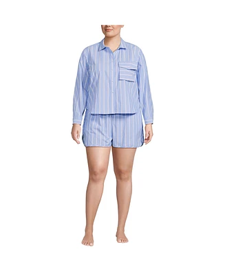 Lands' End Plus Cotton Poplin 2 Piece Pajama Set - Long Sleeve Top and Shorts with Piping