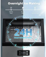 Zafro Commercial ice maker produces 100 lbs of ice per day, with a 33 lbs storage capacity. Features 2-way water inlet, self-cleaning function, and a