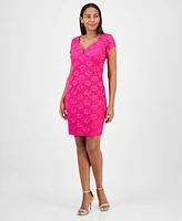 Connected Petite Embellished Lace Short-Sleeve Dress