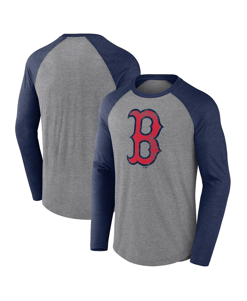 Fanatics Men's Heather Gray/Heather Navy Boston Red Sox Weathered Logo Tri-Blend Raglan Long Sleeve T-Shirt