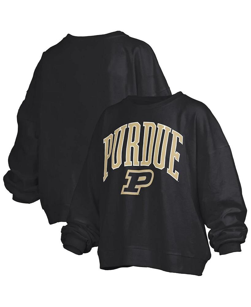 Pressbox Women's Black Purdue Boilermakers Janise Arch Over Logo Waist Length Oversized Pullover Sweatshirt