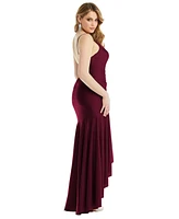 Cynthia & Sahar Women's Pleated Wrap Ruffled High Low Stretch Satin Gown with Slight Train
