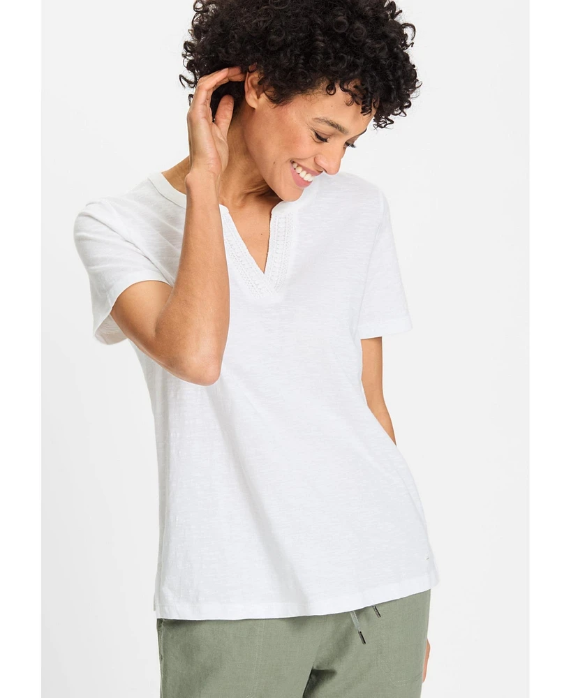 Olsen Women's Split Neck T-Shirt with Embroidery