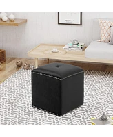 Velvet Upholstered Square Ottoman with Tufted Top and Studded Trim for Living Room or Bedroom Seating-The Pop Home