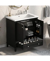 30" Black Bathroom Vanity Combo: Sink, Cabinet, Doors, Drawer