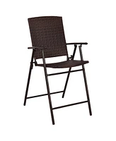 5PC Rattan Patio Furniture Set 4 Bar Stool Folding Chair and Bar Table W/Glass Top